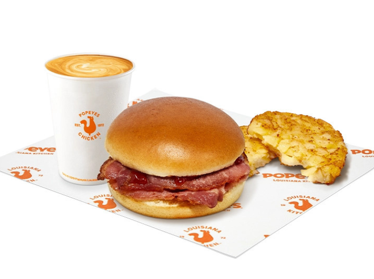 Popeyes Breakfast Sandwich, hash brown and coffee